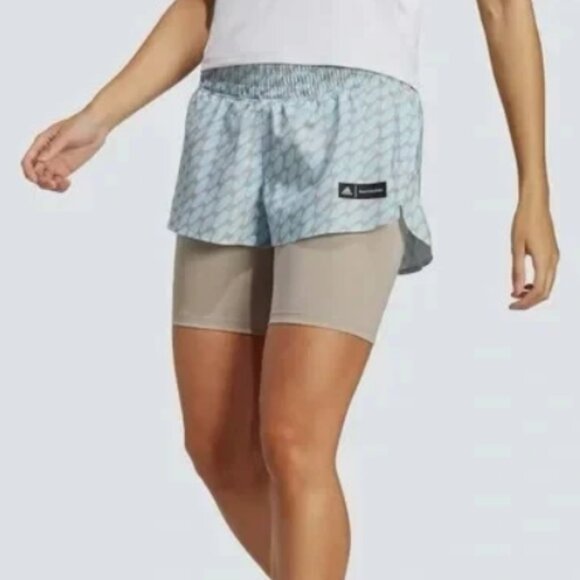 NWT ADIDAS X MARIMEKKO Run Icons 3 Bar Logo 2-In-1 Running Shorts Sz L Tan Blue - Picture 1 of 13
